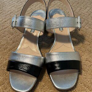 Prada Patent Leather Black and Silver Sandals (8.5)